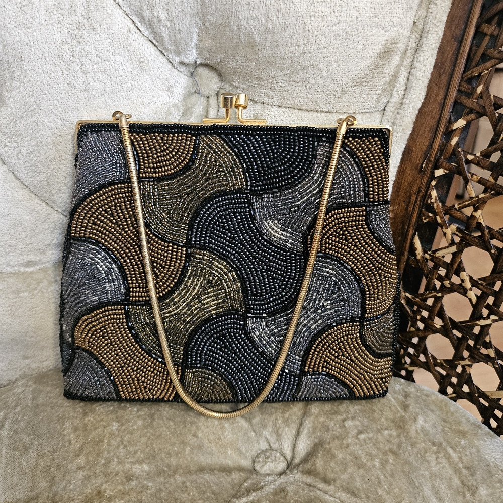 Elegant Black and Gold Beaded Evening Bag